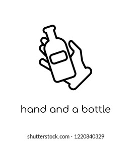 Hand and a Bottle icon. Trendy modern flat linear vector Hand and a Bottle icon on white background from thin line Hands and guestures collection, editable outline stroke vector illustration
