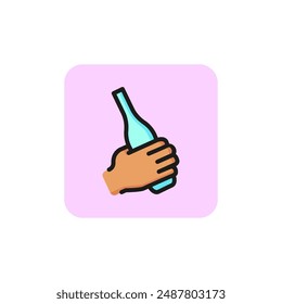 Hand with bottle line icon. Alcohol, soda, drink. Beverage concept. Vector illustration can be used for topics like bar, pub, cheering