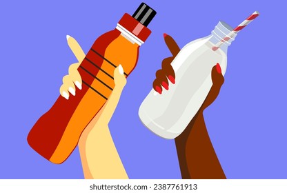 hand with a bottle in vector. advertising a drink in flat style. Template for postcard sticker logo poster app website. water, milk, energy drink, smoothie, juice, soda