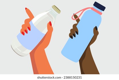 hand with a bottle in vector. advertising a drink in flat style. Template for postcard sticker logo poster app website. water, milk, energy drink, smoothie, juice, soda