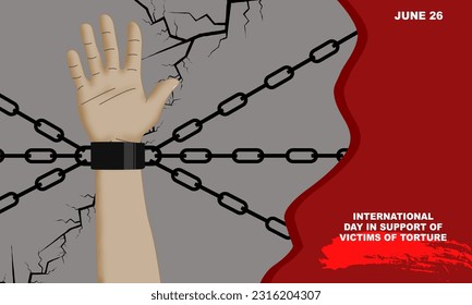 eine Hand, die in Eisen- oder Metallketten auf einer gerissenen Wand und feinem Text im Hintergrund gebunden ist, zum Gedenken an den Internationalen Tag der Vereinten Nationen zur Unterstützung der Opfer der Folter