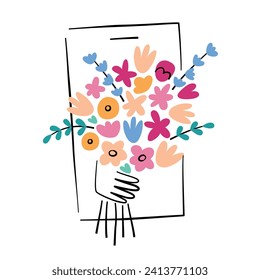 Hand with bouquet on mobile phone screen, flower delivery icon, vector illustration of online florist store, order flowers for birthday or Valentines Day, smartphone app with floral decorations