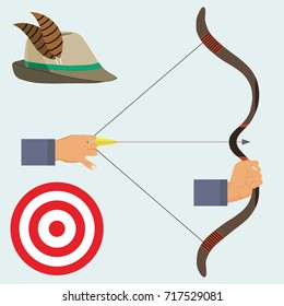 Hand with a bow and arrows. The target for shooting, the hunter's hat. Flat design, vector illustration, vector.