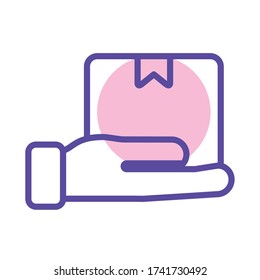 hand with box carton delivery line style vector illustration design