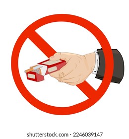 Hand with box of cigarette in red ban sign isolated on white background.No smoking sign. No smoking or anti tobacco concept. Quit bad habit.Not offer smoking! Stop smoke icon.Stock vector illustration