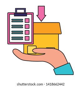 hand with box clipboard fast delivery logistic vector illustration