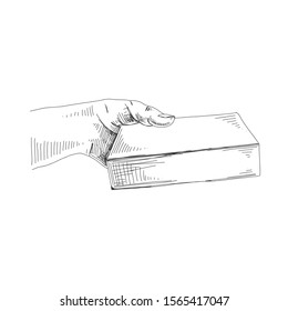 Hand with box hand drawn illustration. Chef palm holding kitchen utensil. Sharpening knife blade with whetstone, grindstone black and white sketch. Daily kitchen routine concept design elements