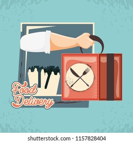 hand with box food delivery service icon vector ilustration
