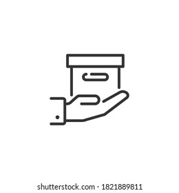Hand in box icon, line style.
The stylized hand holds a gift box.
Vector illustration. Design on white background. EPS 10