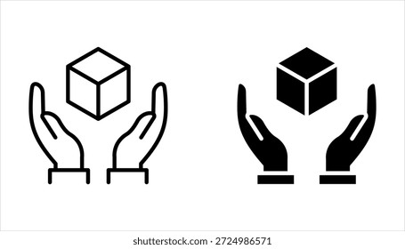 Ícone de mão e caixa em design estiloso na moda. Ilustração gráfica vetorial sobre fundo branco