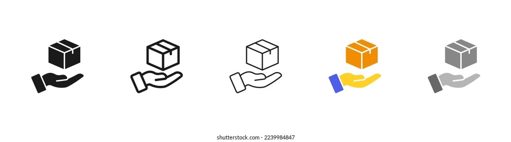 Hand with box line icon. Worldwide shipping, box, parcel, logistics, world, free, courier, deliver, package, order, purchase, container. Delivery service concept. Vector five icon in different style