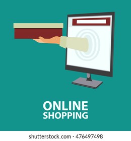 Hand with box sticking out from monitor. E-commerce, online shopping, buying internet concept in flat style. Vector illustration, easy to edit