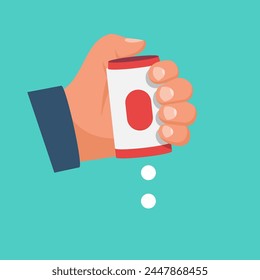 Hand with box sweetener tablets. Artificial sugar. Pills stevia fall into the drink. Vector illustration flat design. Isolated on background.