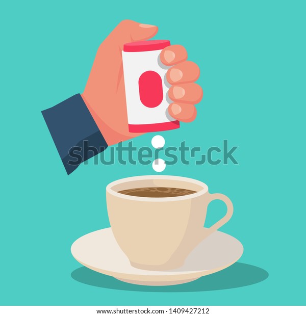 Hand with box sweetener tablets.\
Cup of tea or coffee. Artificial sugar. Pills stevia fall into the\
drink. Vector illustration flat design. Isolated on\
background.