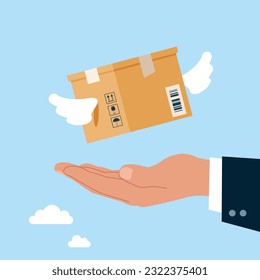 Hand with box with wings. Flies freely like a bird. Delivery services. Stay safe concept. Flat vector illustration