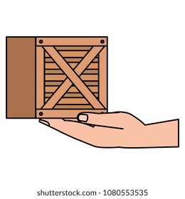 hand with box wooden delivery service