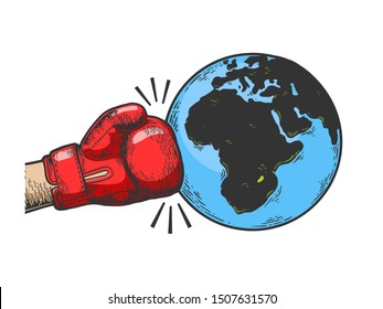 Hand in boxing glove hits Earth planet engraving vector illustration. Apocalyptic war metaphor. Tee shirt apparel print design. Scratch board style imitation. Black and white hand drawn image.