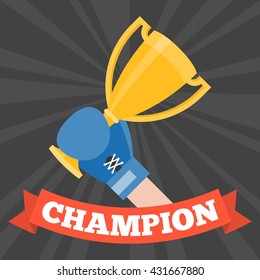 hand with boxing glove holding gold trophy cup and ribbon of champion, Business winner concept, flat design