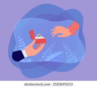 Hand of boyfriend holding red box with classic engagement ring. Wedding day or ceremony flat vector illustration. Commitment, celebration, proposal concept for banner, website design or landing page