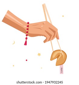 A Hand With A Bracelet And Chinese Chopsticks Holds A Fortune Cookie. Bakery Products. Vector Cartoon Illustration On A White Background