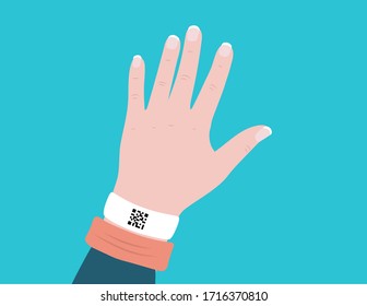 Mano con una pulsera con una nota sobre una enfermedad pasada. El concepto de organización de pases después de una pandemia. Covid-19. Diseño plano. Ilustración del vector