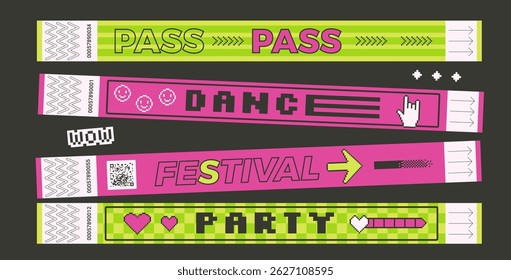 Bilhetes de bracelete de mão definidos. Festival de música, festa, concerto de pulseiras em estilo rave retro. Passe de mão para acesso à dança em discoteca. Modelos de banda de pulso de papel y2k. ID de segurança de vetor na apresentação em disco.