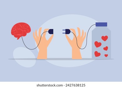 Mano con cerebro y corazón interacciones vector concepto de ilustración