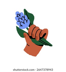 Mão com ramo de flor-silvestre azul. A pessoa segura um galho de tremoço, flor de bluebonnet com folhas. Cortar primavera de planta de prado florescente, presente floral. Ilustração de vetor isolado plano sobre fundo branco