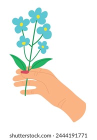 Hand with a branch of flowers. Vector illustration of a human hand with a bouquet of flowers, suitable for prints, prints, logos, labels.