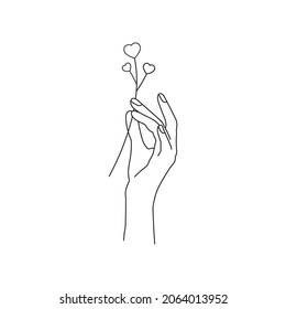 Hand with branch and hearts. Fashion illustration. Self care. Skin care
