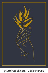 Hand with branch vector illustration poster. Cosmetic vector logo art.