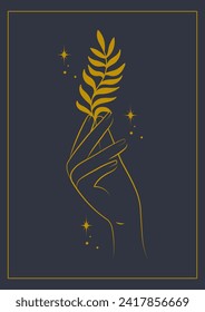 Hand with branch vector illustration poster. Cosmetic vector logo art. Magic hand golden sketch.