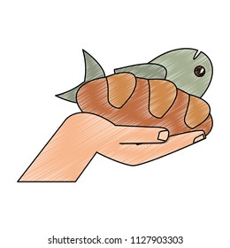 Hand with bread and fish scribble