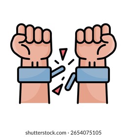 Mano con el icono lineal del color de las cadenas de ruptura. Símbolo de cadena de ruptura de mano