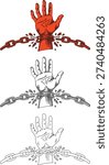 hand breaking chains icons. Concept of freedom, liberation, and overcoming failure or oppression.represents breaking the cycle of poverty, ignorance, and helplessness. The shattered chain links flying apart symbolize a moment of sudden release and empowerment.