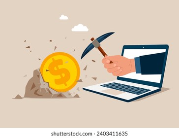 Rompiendo mano el adoquín con un pickaxe por dólar de moneda. ilustración de carácter de empresario vector.