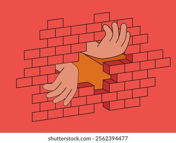 Hand breaking red brick wall  Representation of Breaking Through Barriers with Hands Emerging from a Wall Cartoon Vector Hand drawn