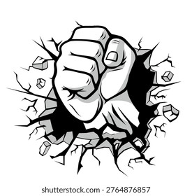 La mano rompe la pared de piedra. Fuerte puño apretado golpeó la pared. Vector sobre fondo transparente