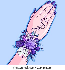 The hand of a bridesmand having a blue and violet floral corsage on her wrist. Wedding conceptual art with flowers, ribbons, leaves and summer berries. Manicure with an unique ring.