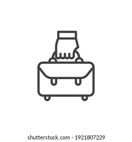 Hand mit Aktentaschenzeilensymbol. lineares Stilzeichen für mobiles Konzept und Webdesign. Hand, die eine Bürotasche umreißt Vektorsymbol. Symbol, Logo-Abbildung. Vektorgrafik