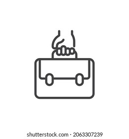 Mano con el icono de la línea del maletín. signo de estilo lineal para concepto móvil y diseño web. Empresario que sostiene el icono del vector del contorno del maletín. Símbolo, ilustración del logotipo. Gráficos vectoriales