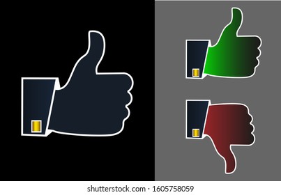 Hand in bright and business colors. Super icon with new thank you symbol and dislike. The idea is blogs and online messaging, social networking services.