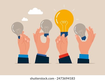 Hand with bright lightbulb. Inspiration, Brainstorming, Innovation, Business Creativity. Flat vector illustration.