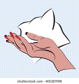 Hand with bright red nail polish made in style pop art. Woman hand on a blue dots background with speech bubble for text.Vector illustration design for comics, posters, flyers, postcards, banners. 