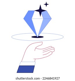 Hand mit brillanter, Diamantsymbol. Websymbol auf weißem Hintergrund. Vektorgrafik.