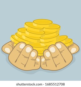 Hand bringt wohlhabende Münzen mit. Vektorillustration