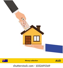 Hand bring money for home. Australian dollar banknote. Real Estate Concept vector illustration.