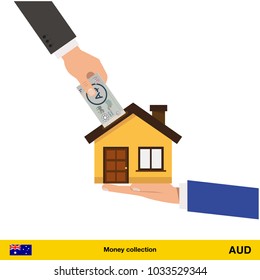 Hand bring money for home.  Australian dollar banknote. Real Estate Concept vector illustration.