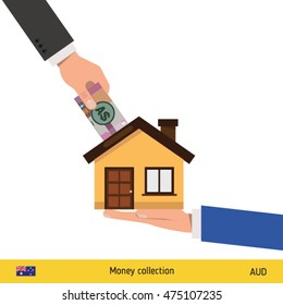 Hand bring money for home. Australian Dollar banknote. Real Estate Concept vector illustration.