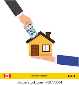Hand bring money for home. Canadian dollar banknote. Real Estate Concept vector illustration.